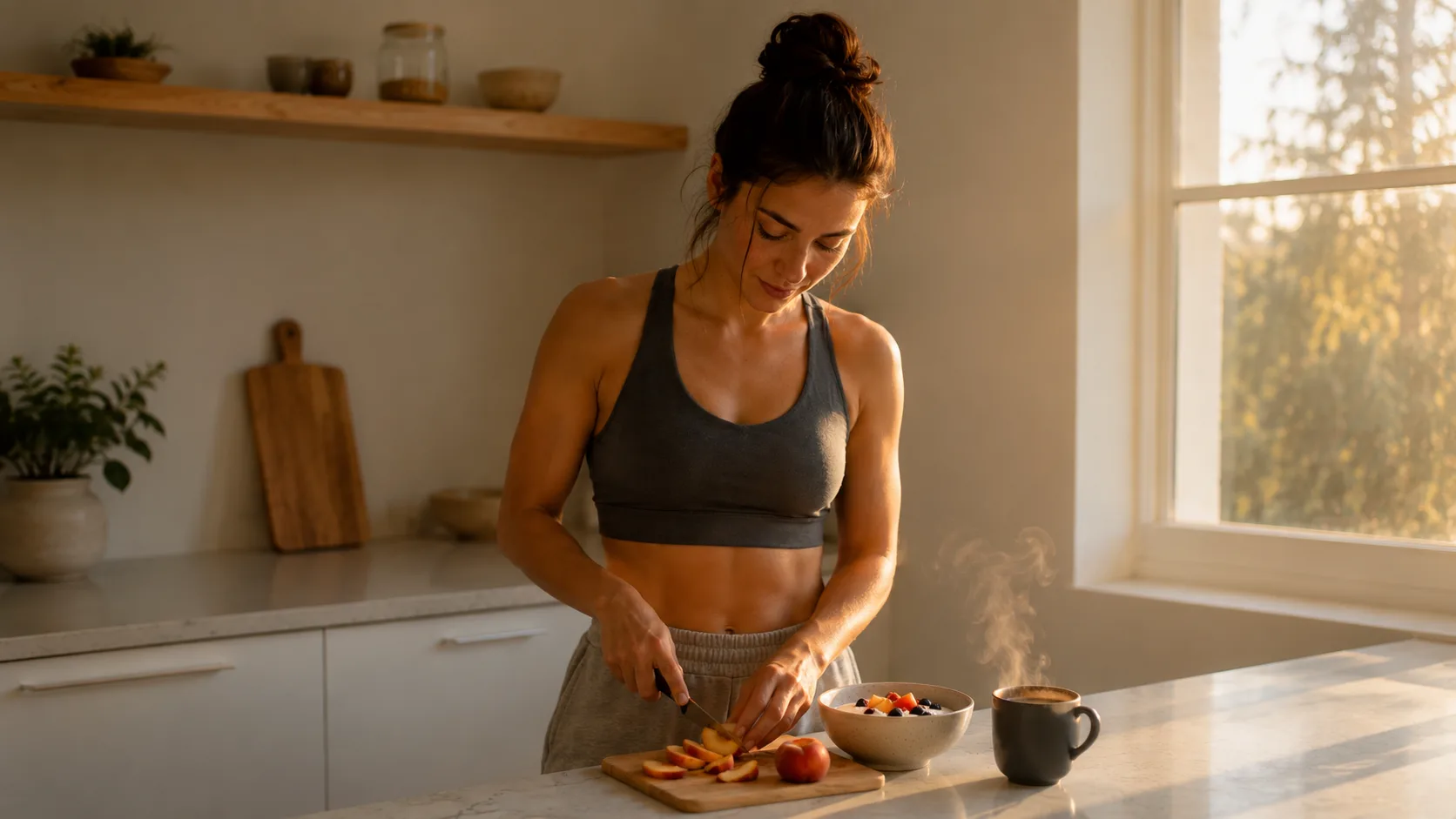 A woman slicing fruit into a yogurt bowl at a kitchen counter