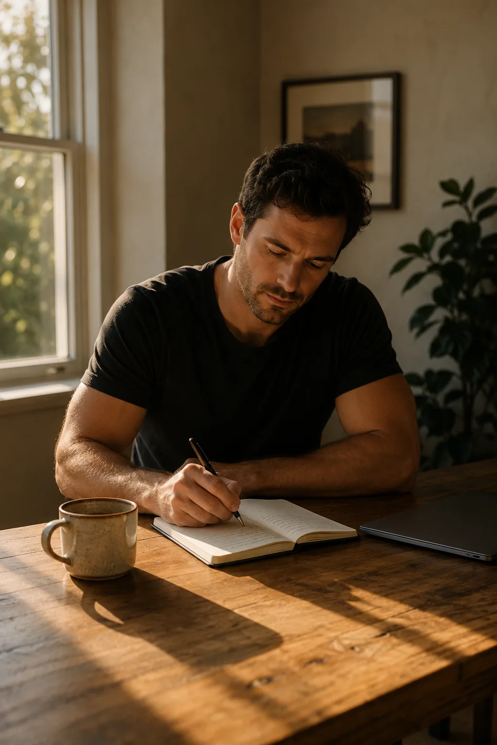 A man writing in a notebook at a sunlit desk, phone beside him