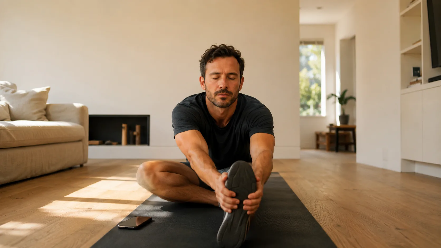 A man stretching on a mat in a bright living room