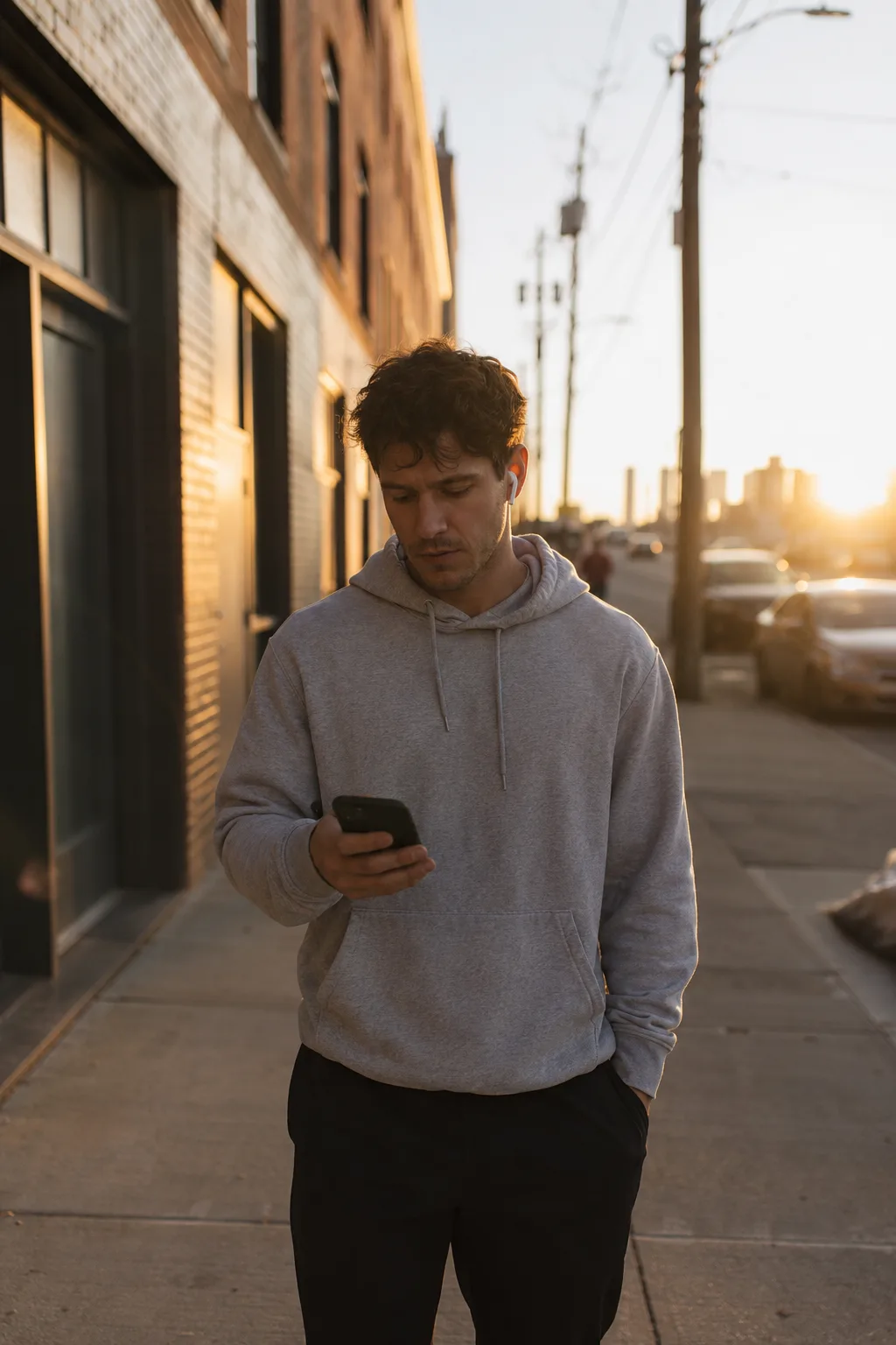 A man checking his phone on a golden-hour walk through the city