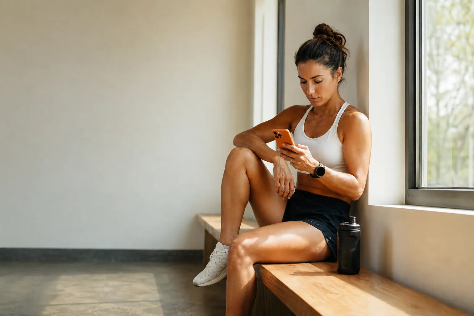 An athlete sitting on a gym bench after a workout, reading something on her phone
