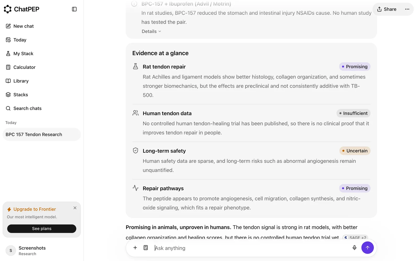 The Evidence at a glance card in a ChatPEP answer: animal studies, human studies, safety, and mechanism, each with a one-word verdict.