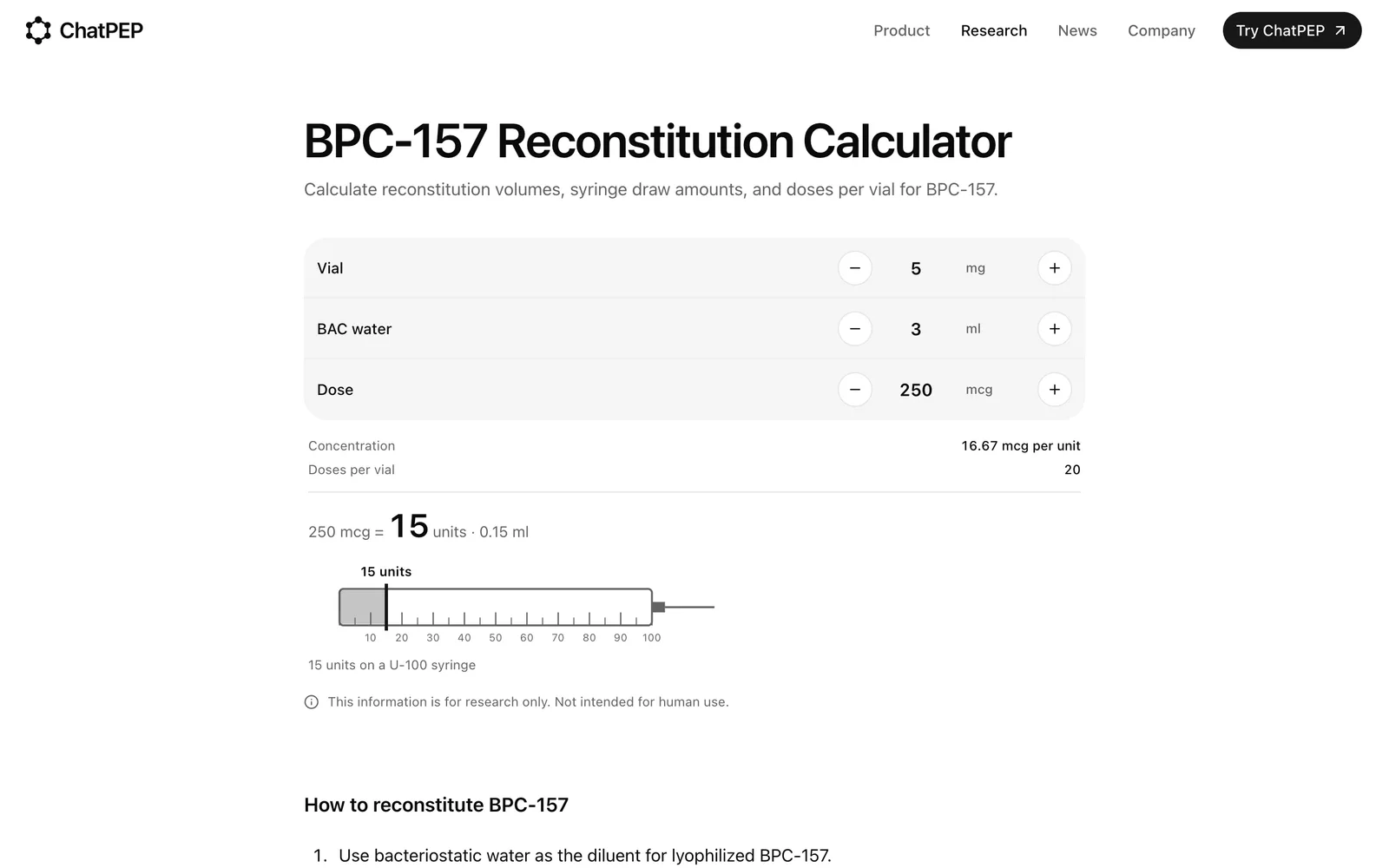 The BPC-157 reconstitution calculator: vial size, water volume, dose, and the syringe drawing showing the units.