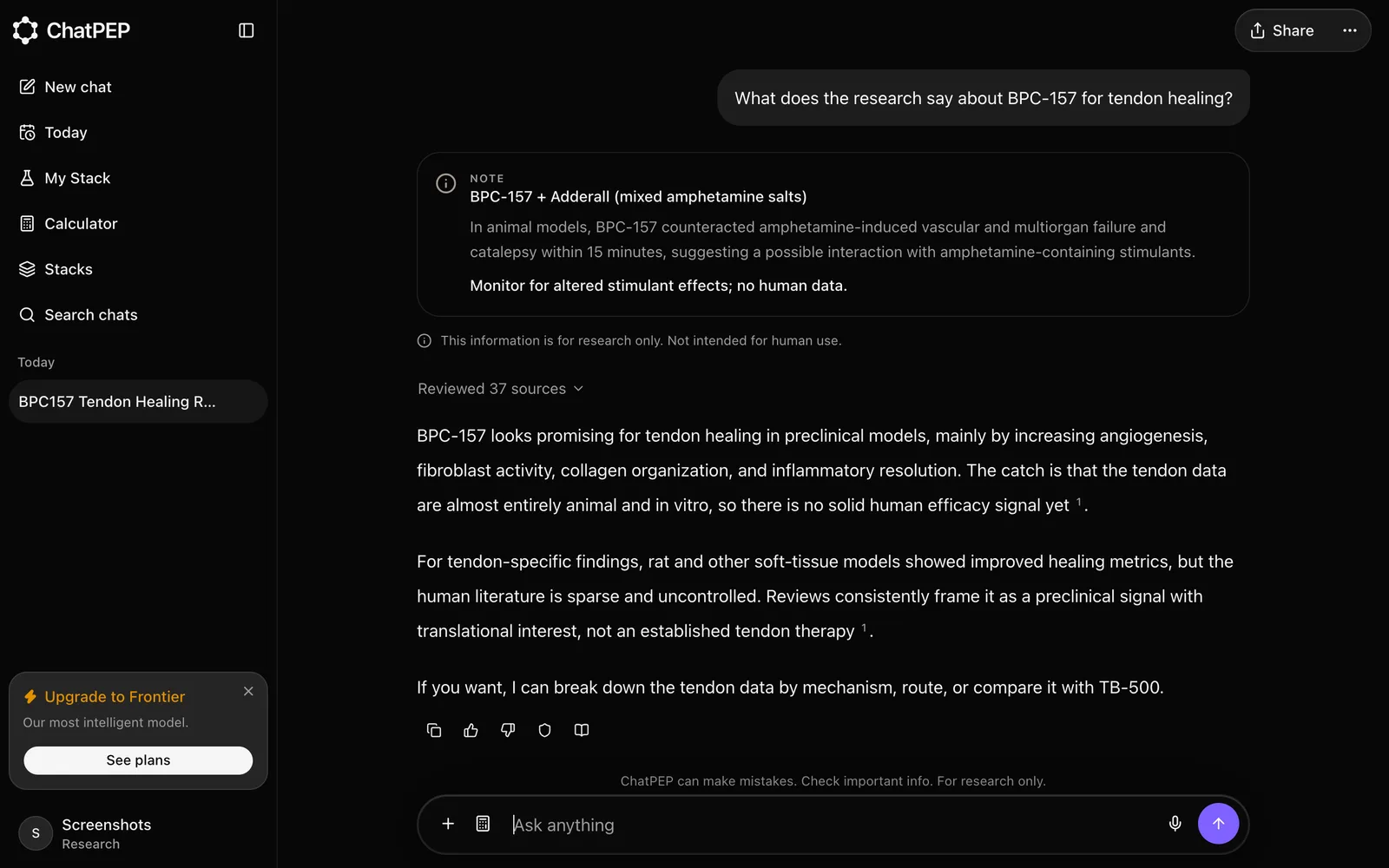 A ChatPEP answer about BPC-157 and tendon healing, with numbered citations and a list of sources beneath it.