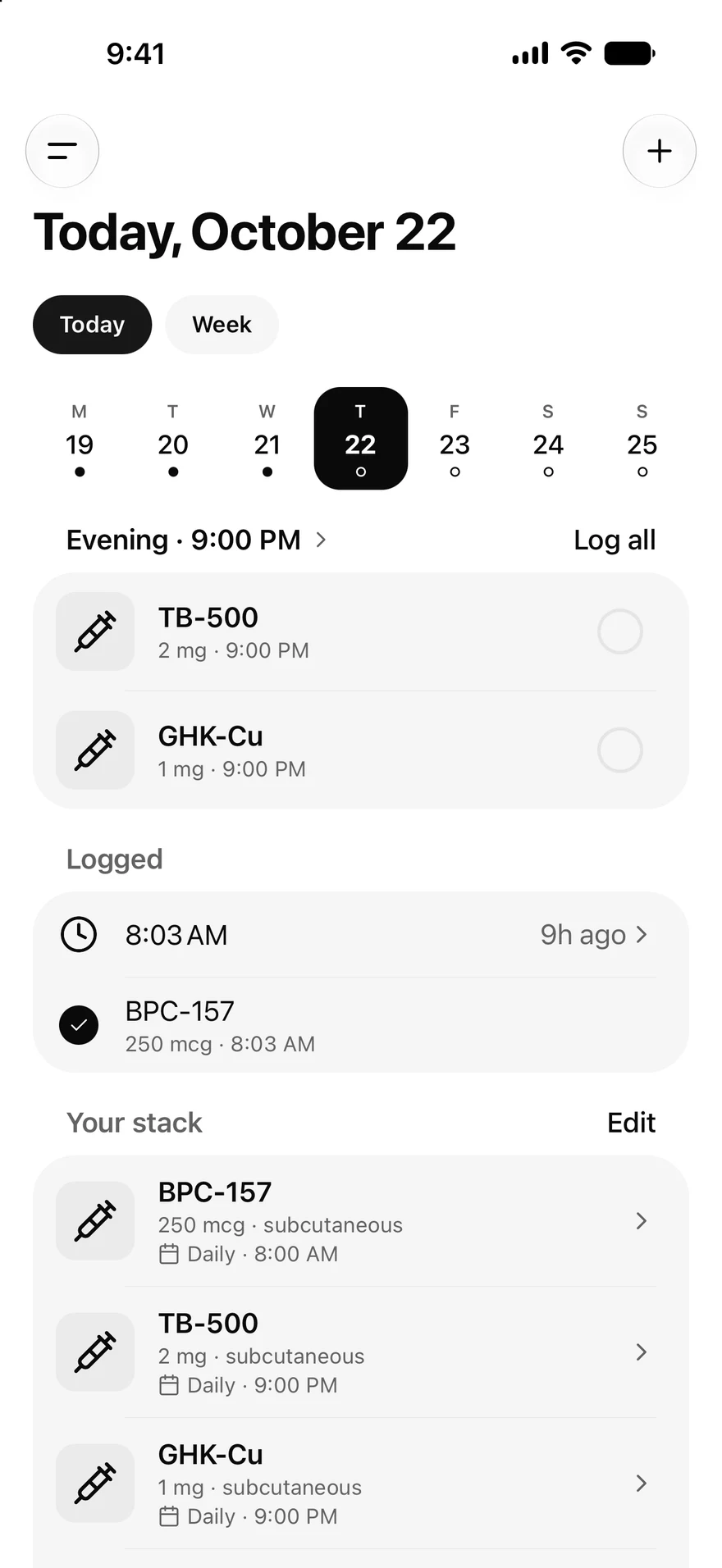 Today in the ChatPEP iPhone app: the week strip, two evening entries still open, the morning entry logged, and the stack beneath.