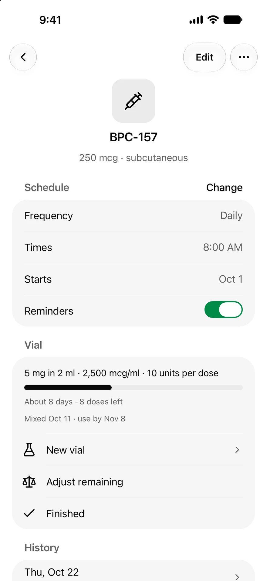 A BPC-157 item in the ChatPEP iPhone app: its daily schedule, the reminders switch, and a vial card showing about 8 days and 8 doses left.