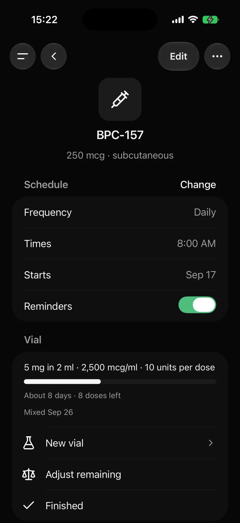 A BPC-157 item in the ChatPEP iPhone app: its schedule, the reminders switch, and a vial card showing about 8 days and 8 doses left.