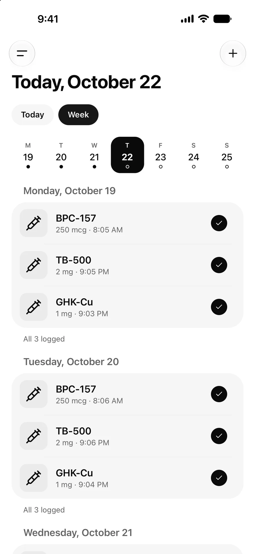 The week view in the ChatPEP iPhone app: each day's entries with a check on every one that was logged.