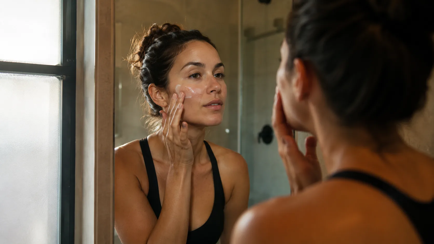 A woman applying moisturizer at a bathroom mirror in morning light
